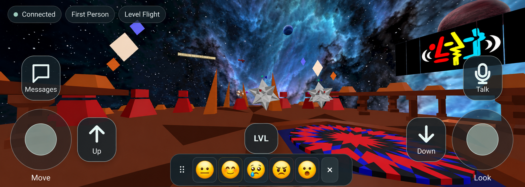 Traveler’s Entrance world on mobile, with touch joysticks, messaging and talk controls beneath a blue nebula